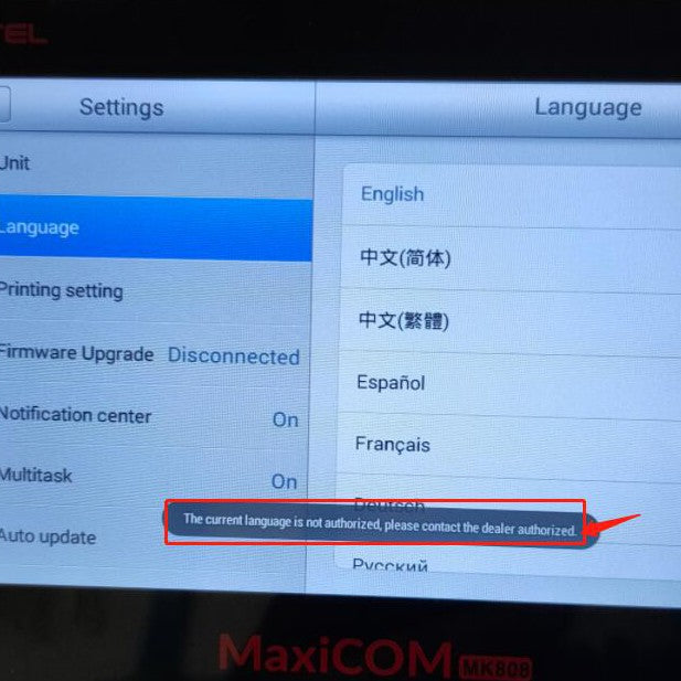Autel scanner authorization language error
