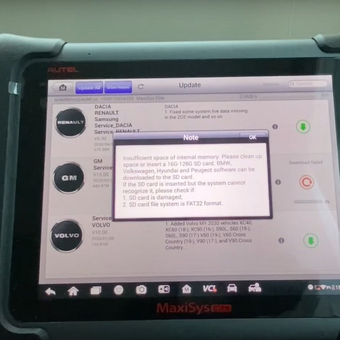 The Autel scanner memory is insufficient.