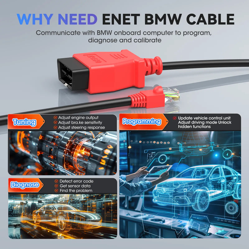 Autel Enet OBD2 Cable| (6.6ft/ 2M) BMW F G Series Coding | Ethernet to OBD II OBDII Interface Cable | Compatible with BMW Software E-SYS ICOM ISTA+