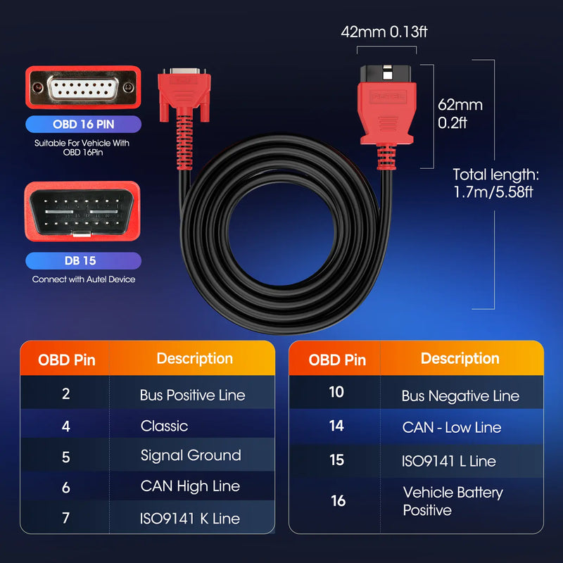Autel Original OBD2 Main Test Cable | Only Work with Autel Handheld Scanner/808 Series/900 Series/906 Series/IM Series | 5.6ft(1.7M)/16 Pin OBDII Diagnostic Test Cable