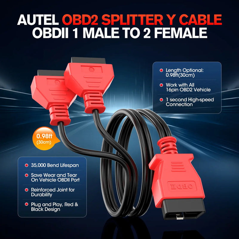 Autel Original OBD2 Splitter 16 Pin OBD II Splitter Extension(1FT/ 30CM) | 1X Male to 2X Female Extension Cable Adapter | OBDII Extension Cord