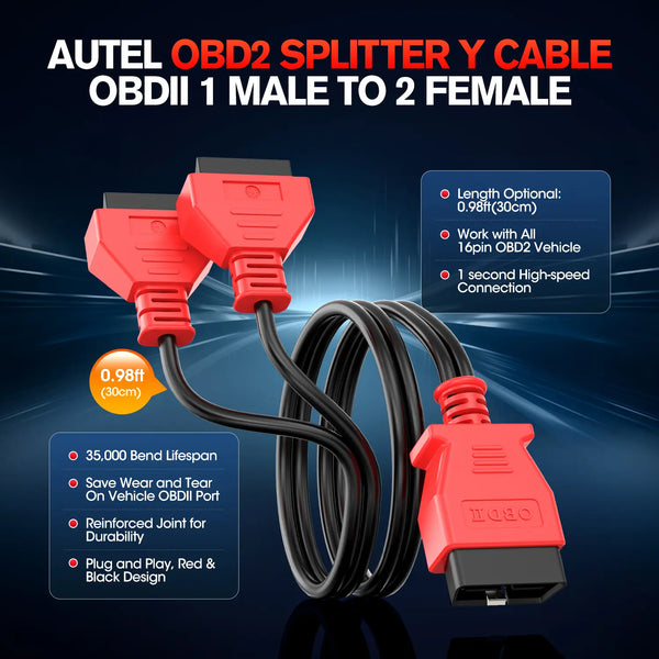 Autel Original OBD2 Splitter 16 Pin OBD II Splitter Extension(1FT/ 30CM) | 1X Male to 2X Female Extension Cable Adapter | OBDII Extension Cord