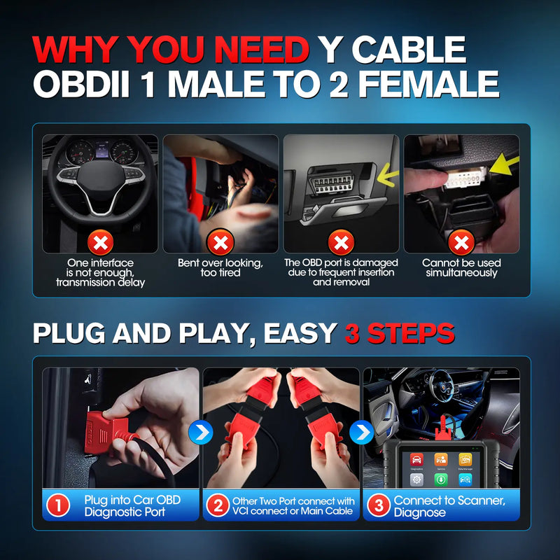 Autel Original OBD2 Splitter 16 Pin OBD II Splitter Extension(1FT/ 30CM) | 1X Male to 2X Female Extension Cable Adapter | OBDII Extension Cord