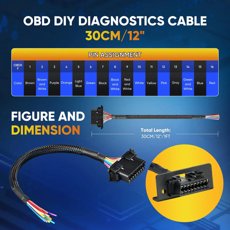 Autel OBD2 16Pin J1962 Female to OBDII | Open Pigtail Cable(1FT/ 30CM) | Pigtail Fixed Wire Harness with Underdash Mount Bracket | OE-Quality