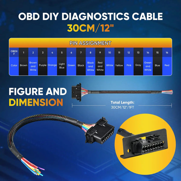 Autel OBD2 16Pin J1962 Female to OBDII Open Pigtail Cable(1FT/ 30CM) | Pigtail Fixed Wire Harness with Underdash Mount Bracket | OE-Quality