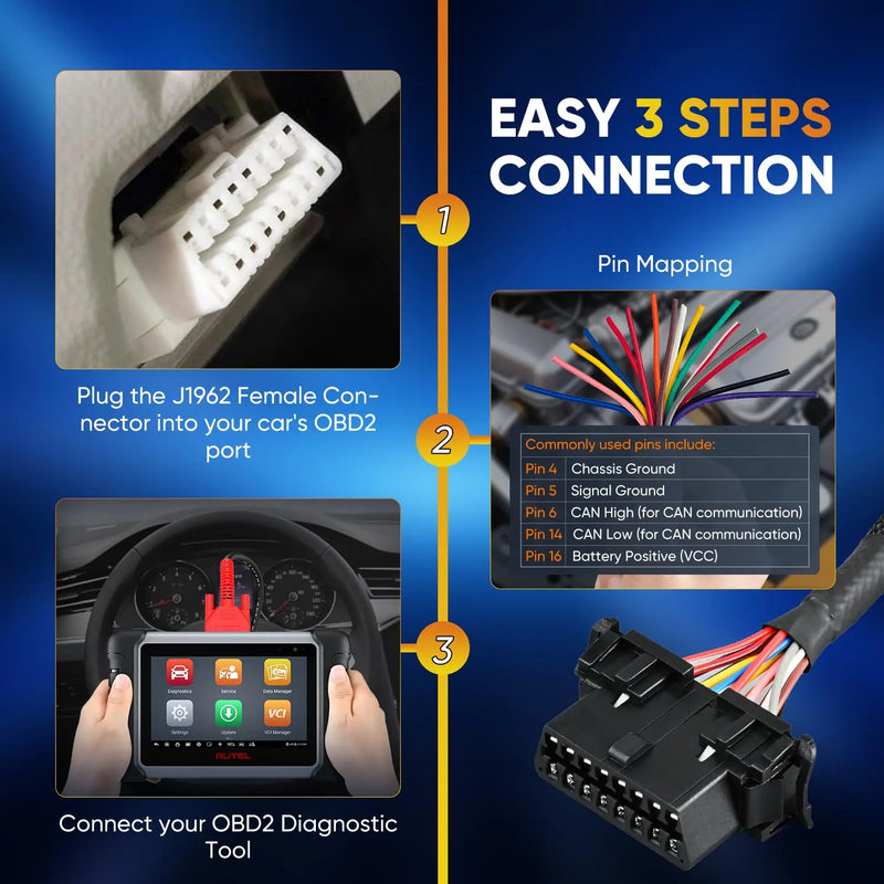 Autel OBD2 16Pin J1962 Female to OBDII | Open Pigtail Cable(1FT/ 30CM) | Pigtail Fixed Wire Harness with Underdash Mount Bracket | OE-Quality