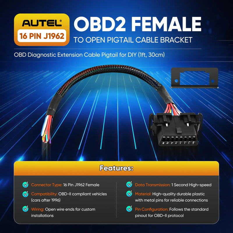 Autel OBD2 16Pin J1962 Female to OBDII | Open Pigtail Cable(1FT/ 30CM) | Pigtail Fixed Wire Harness with Underdash Mount Bracket | OE-Quality