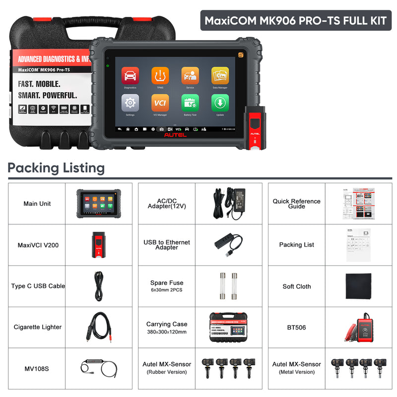 Autel MaxiCOM MK906 Pro-TS / MK906S Pro-TS Full Kit with Autel MV108S & BT506, Full TPMS Functions, Advanced ECU Coding, Bi-Directional Control, Auto Scan 2.0, 36+ Services, Plus 4PCS Metal MX-Sensor & 4PCS Rubber MX-Sensor
