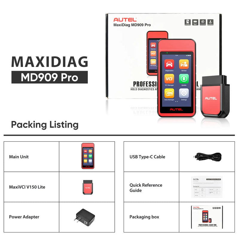 Autel MaxiDiag MD909 Pro | 2025 Newest Professional Scan Tool | Enhanced Mode 6 Diagnostics | All System AutoScan | Support 11 service functions | Support OBDII protocols & all 10 OBDII test modes