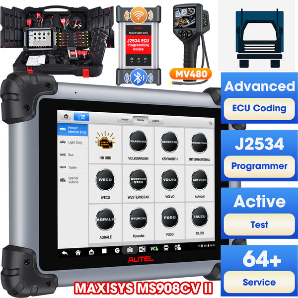 Autel Maxisys MS908CV II (US Version) 2025 Heavy Duty Truck Scanner with J2534 ECU Programming, Diesel & Gasoline Scan Tool, Advanced ECU Coding, All System Diagnosis, Active Test, 64+ Service, Upgraded Ver. Of MS908CV