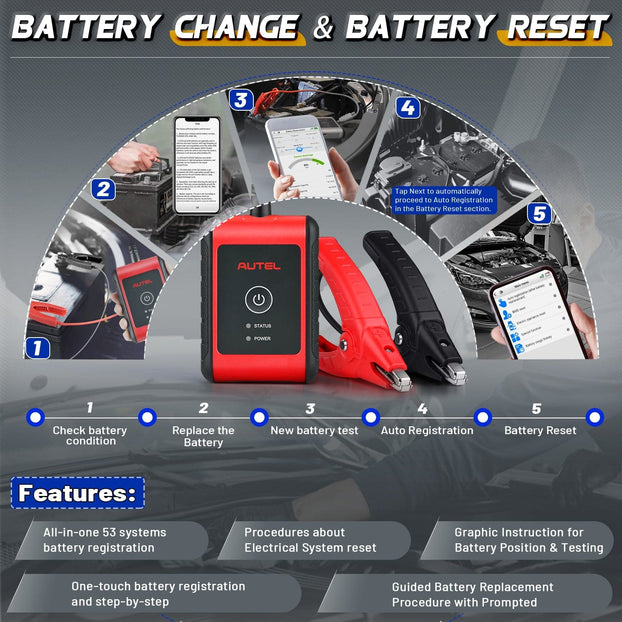 The Autel BT508 supports battery registration and reset.