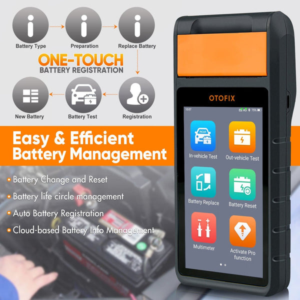 OTOFIX BT1 Car Battery Tester w/ Printer 6V/12V/24V Battery Load Analyzer With BMS Reset and All System Diagnostic